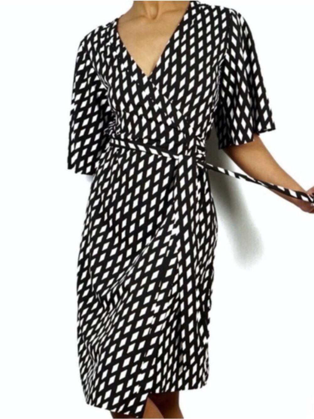 Banana Republic Black & White Diamond-Print Wrap Dress